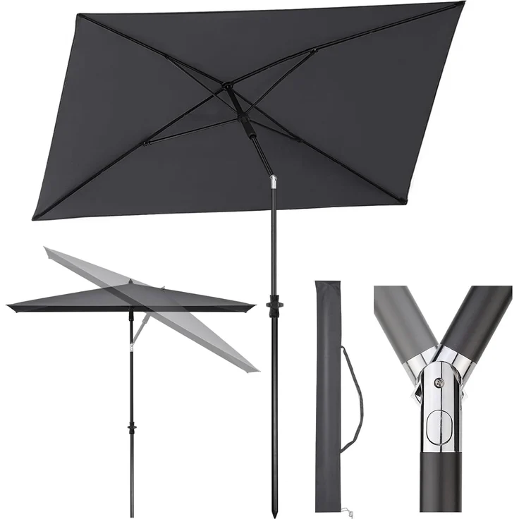 Sekey 210 × 140 cm Sonnenschirm mit Schutzhülle, Balkonschirm Gartenschirm Terrassenschirm, Sonnenschutz UPF50+, Kippbar, Höhenverstellbar, Rechteckig- Dunkelgrau