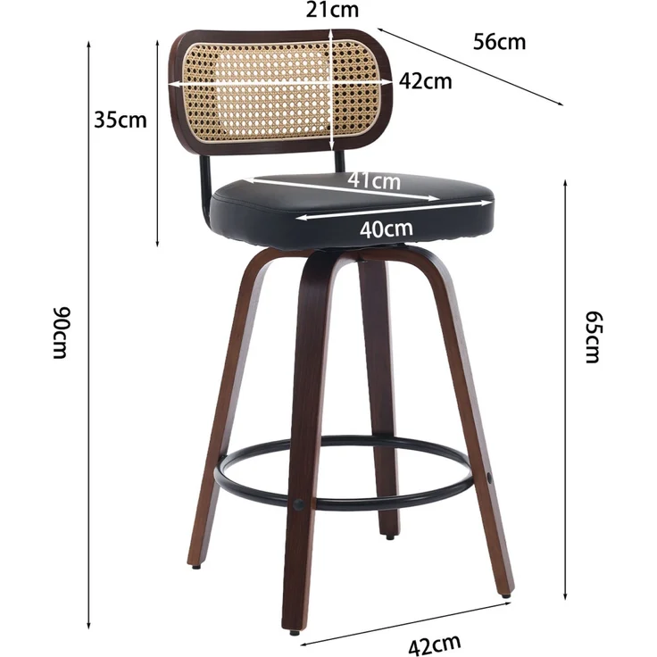 Flieks Barhocker 3er Set, drehbar, Rattan-Geflecht Rückenlehne, Walnuss Holzgestell, Sitz PU Leder Schwarz, mit Fußstütze – Bild 5