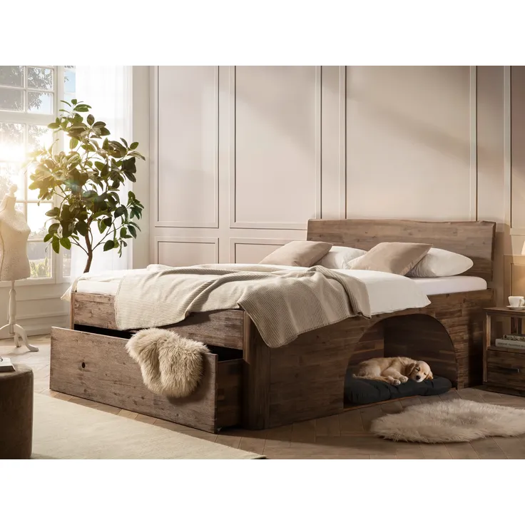 Holzbett Companions 140x200 Akazie massiv Stauraumbett mit Schubkasten Doppelbett Komforthöhe gemütliches Hundebett natürliche Holzoptik stabil