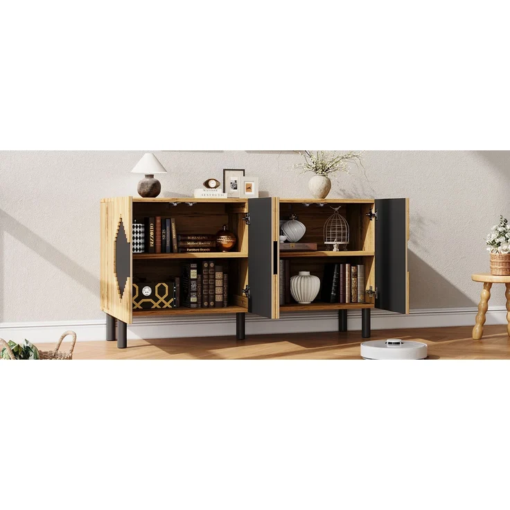 ZUBALIYA Sideboard 140x40x70 cm, mit 2 Türen, aus MDF / Spanplatte, Natur / Schwarz – Bild 13