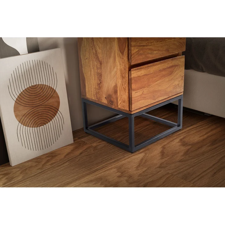 FineBuy Nachttisch Sheesham Massivholz mit Metallgestell und 2 Schubladen – Nachtkonsole im Industrial Design für Schlafzimmer – Nachtkästchen für Boxspringbett 40x38x60 cm – Bild 5