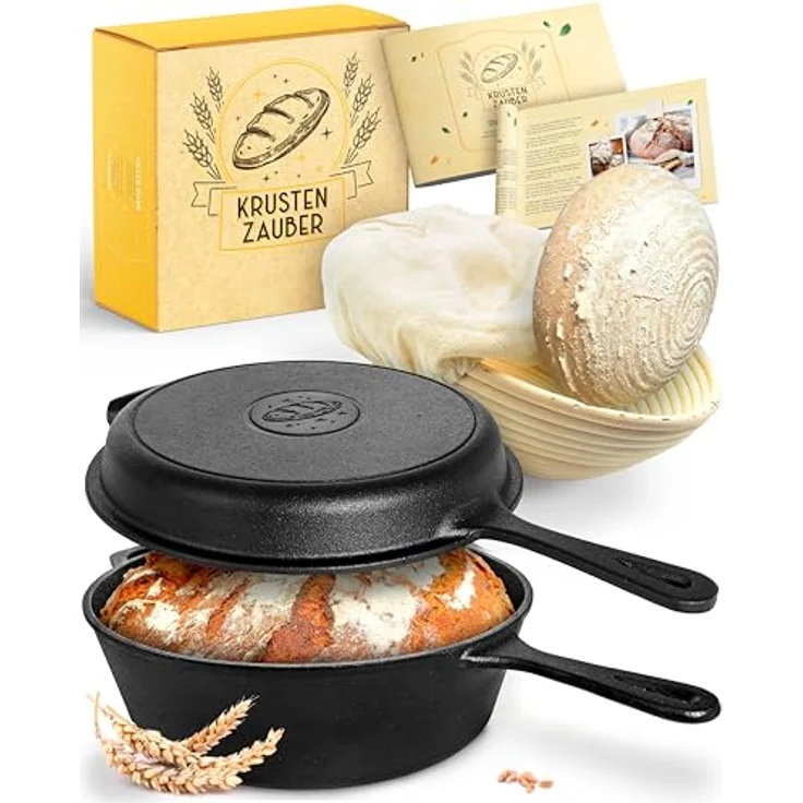 Krustenzauber Brotbackform 26cm Gusseisen Topf Brot Backen inkl. Gärkorb, (Robuster Brottopf mit Deckel - Idealer Brotbacktopf), Brotbackset Gusseisentopf Brotbacken, Brot Backen Zubehör, Brotform – Bild 2