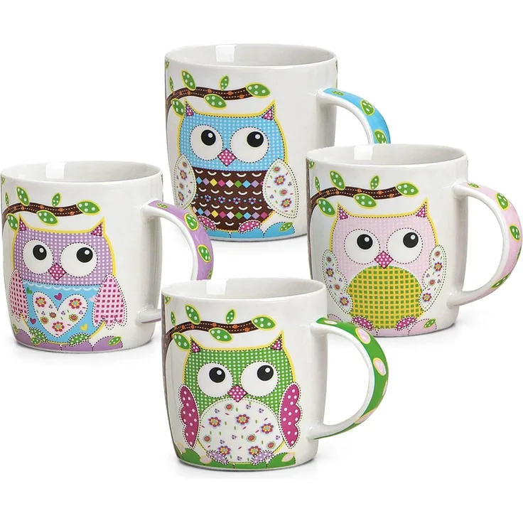matches21 HOME & HOBBY Tasse Süsse Kaffeetassen 4er Set lustige Eulen gepunktet, Porzellan, Tee Kaffee-Becher, modern, weiss bunt, 300 ml