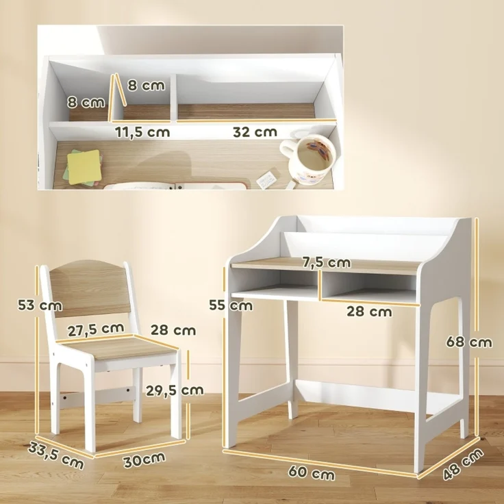 Kinder-Schreibtisch-Set mit Stauraum, offene Fächer, Stuhl, 3-8 Jahre, Holz--Naturholz--60x48x68cm--YOUDENOVA – Bild 3