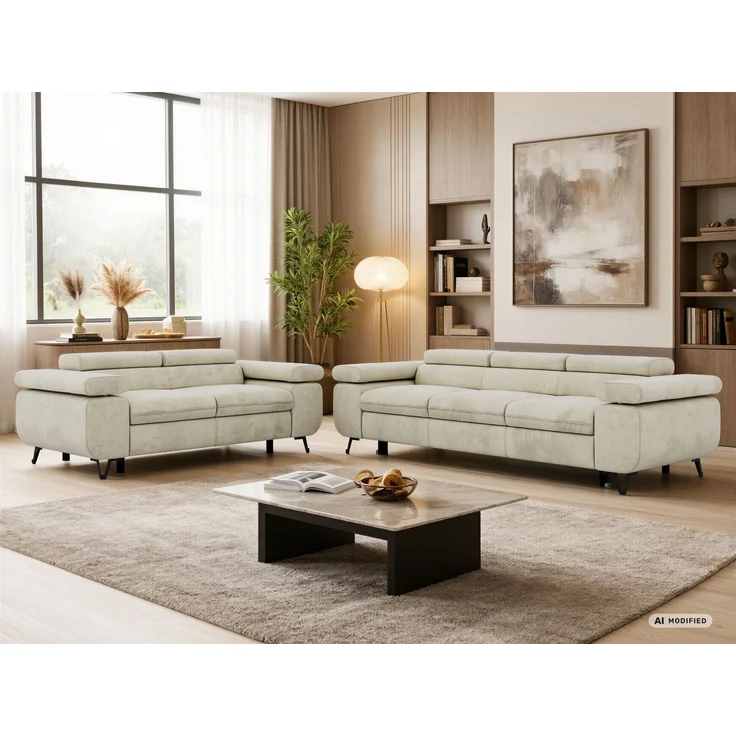 Sofagarnitur PETER 2-3 mit Schlaffunktion, verstellbare Kopfstützen und Armlehnen, freistehend, Wellenfederung, Couchgarnitur - Beige Velvet – Bild 4