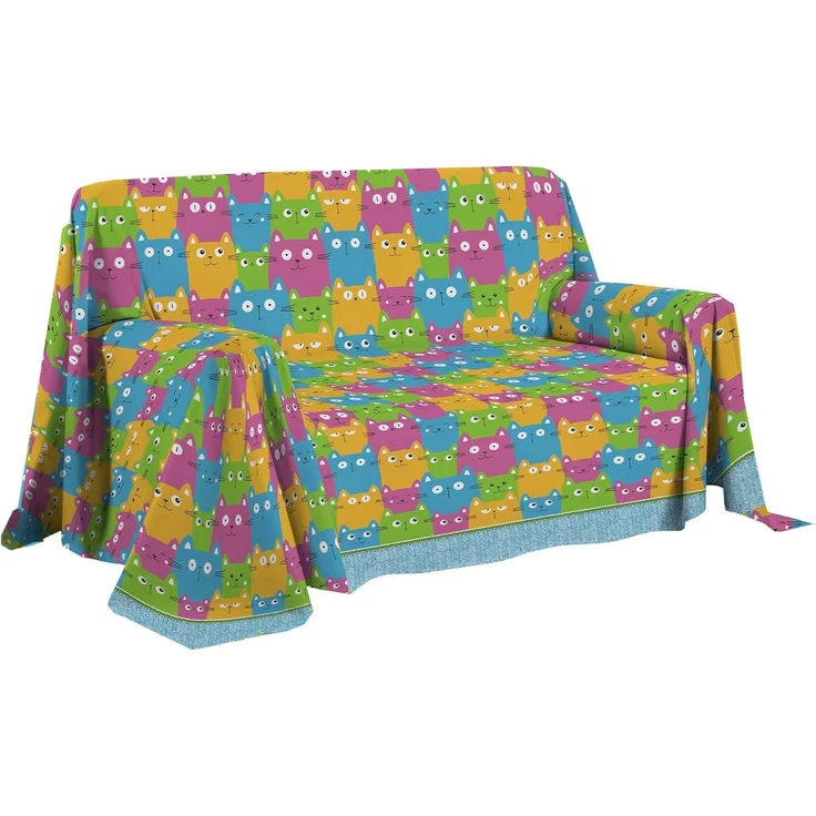 PENSIERI DELICATI Sofaüberwurf 250x290 cm, hergestellt in Italien, Überwurf aus 100% Reiner Baumwolle, Muster Happycat, Mehrfarbig, ideal als Überwurf oder Tagesdecke für den Sommer (Doppelbett)