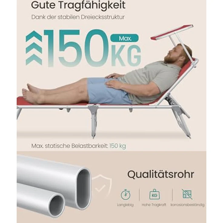 SONGMICS Sonnenliege, klappbarer Liegestuhl, 193 x 55 x 31 cm, max. Belastbarkeit 150 kg, mit Sonnenschutz, verstellbare Rückenlehne, für Terrasse Pool Garten, rot GCB19RD – Bild 8
