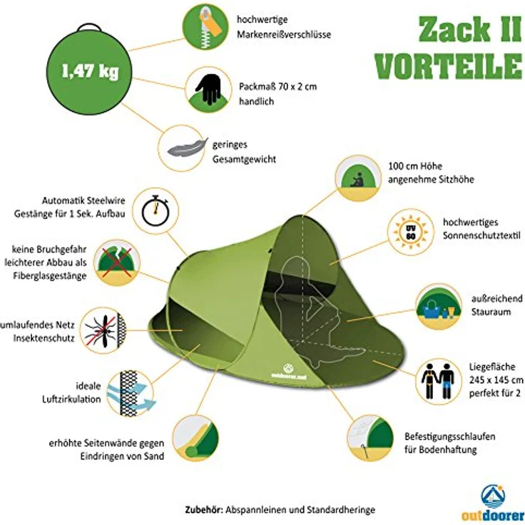 outdoorer Wurf-Strandmuschel Zack II grün - Pop up Strandmuschel, selbstaufbauend, UV 60 Sonnenschutz, Windschutz, großes Strandzelt – Bild 2