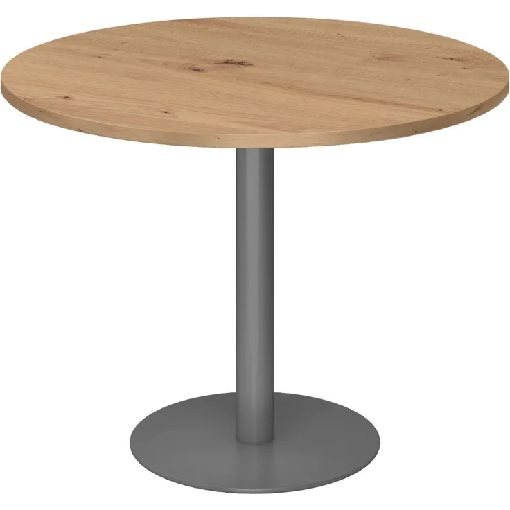 bümö Besprechungstisch, Esstisch groß, Tisch rund 100x100 cm in Asteiche, Gestell: graphit - großer Rundtisch für 2 Personen mit Holz-Platte, Säule aus Metall, Konferenztisch, Bistrotisch, STF10-R-G