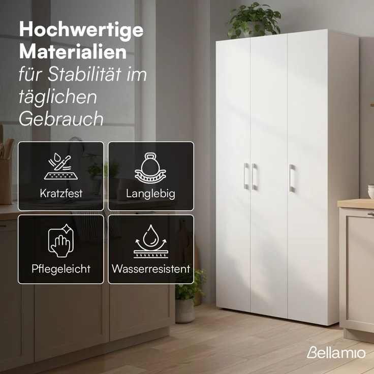 Bellamio 'Apol' Mehrzweckschrank, weiß, 176x33x90 cm, Putzschrank mit 3 Türen und 5 Regalen, Besenschrank mit Staubsaugerfach – Bild 5