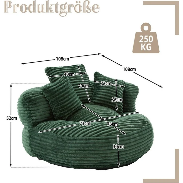 LVHOM Sitzsack 108x108x52cm Chenille Premium Sofa mit 3 extra Kopfkissen (Kuschelig & Atmungsaktiv, Einzelsitzer-Lounge, komplett komprimiert geliefert. Perfekt für Ruhe, Lesen, Gaming & Nickerchen. Ideal für Wohnzimmer, Schlafzimmer, Spielzimmer & Off... – Bild 2