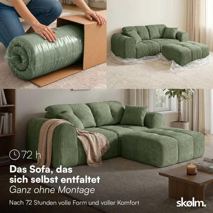 skølm 'Vanaheim' Sofa 2 Sitzer mit Hocker & 2 Kissen, Cloud Sofa dunkelgrün, Chenille-Stoff, Vollschaumcouch mit Federkern und Vakuum-Kompression, kein Aufbau erforderlich – Bild 3