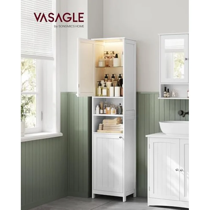 VASAGLE Badezimmerschrank mit Beleuchtung, hoch, schlanker Badschrank, Aufbewahrungsschrank mit verstellbaren Ablagen, für kleine Räume, modern, 40 cm breit, wolkenweiß BBC766WH03 – Bild 2
