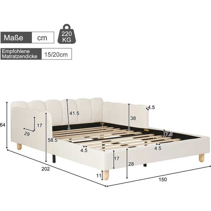 Merax Polsterbett, Kinderbett 140x190 cm, Bett mit und gepolstertes Kopfteil und Rausfallschutz, Bettbeine aus Massivholz, Samt, beige – Bild 4