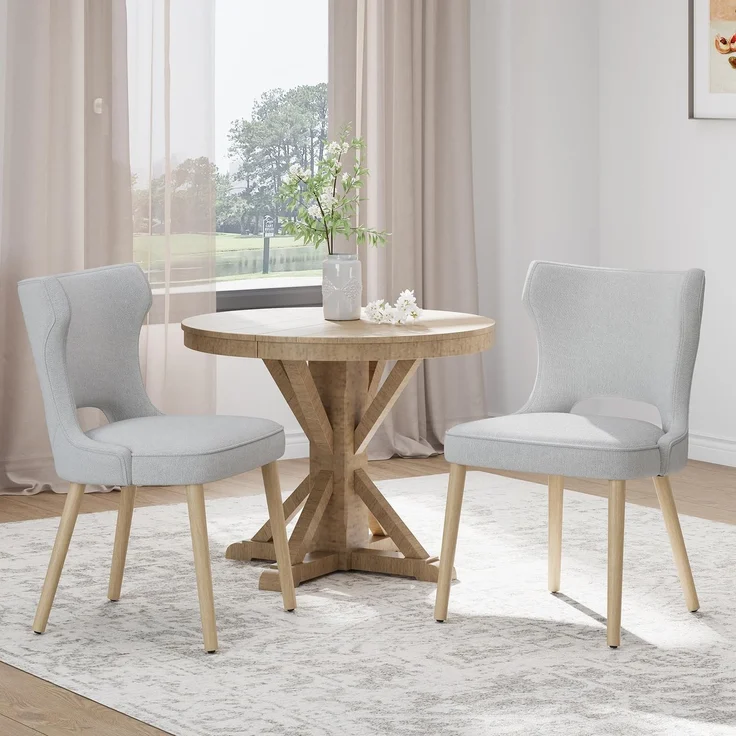 COLAMY Esszimmerstühle 2er Set, Polsternder Stühle Esszimmer mit Rückenlehne, Küchenstühle Gepolstert, Stoff Dining Chairs mit Wingback und Holzbeinen für Esszimmer, Küche, Restaurant, Hellgrau