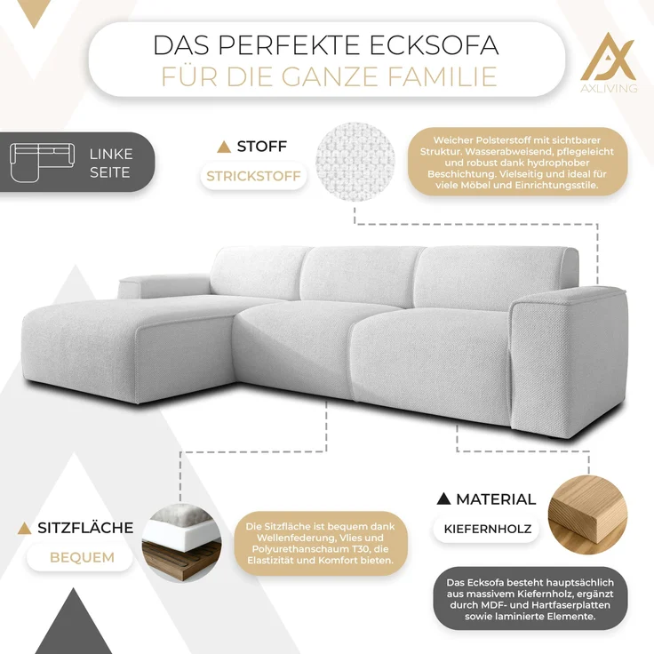 AX LIVING Couch Sofa L Form Didim mini Perlweiß 310 cm stilvoll L – Bild 5
