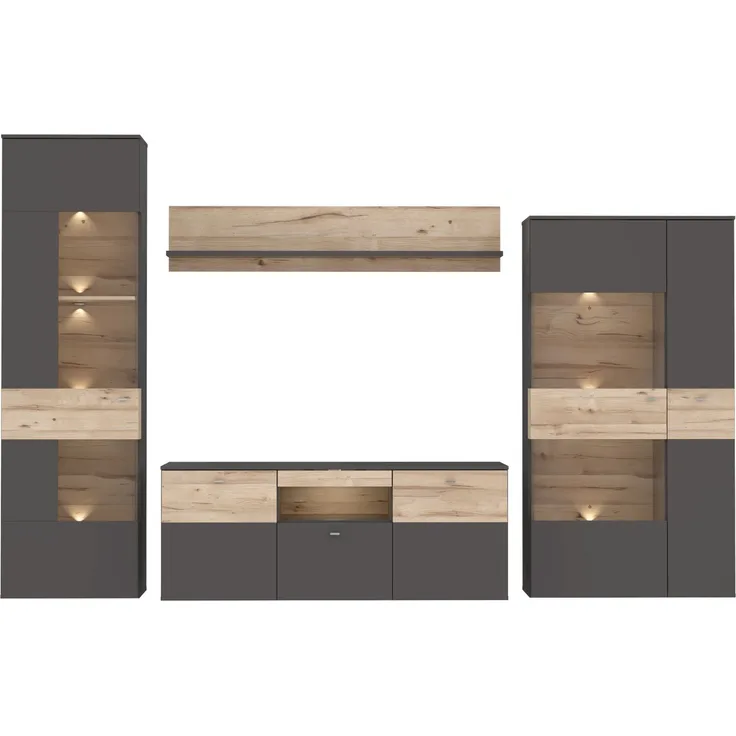 FORTE 'Como' Wohnwand mit LED Beleuchtung, Holzwerkstoff, Grau/Braun, 319,3 x 203,3 x 52 cm