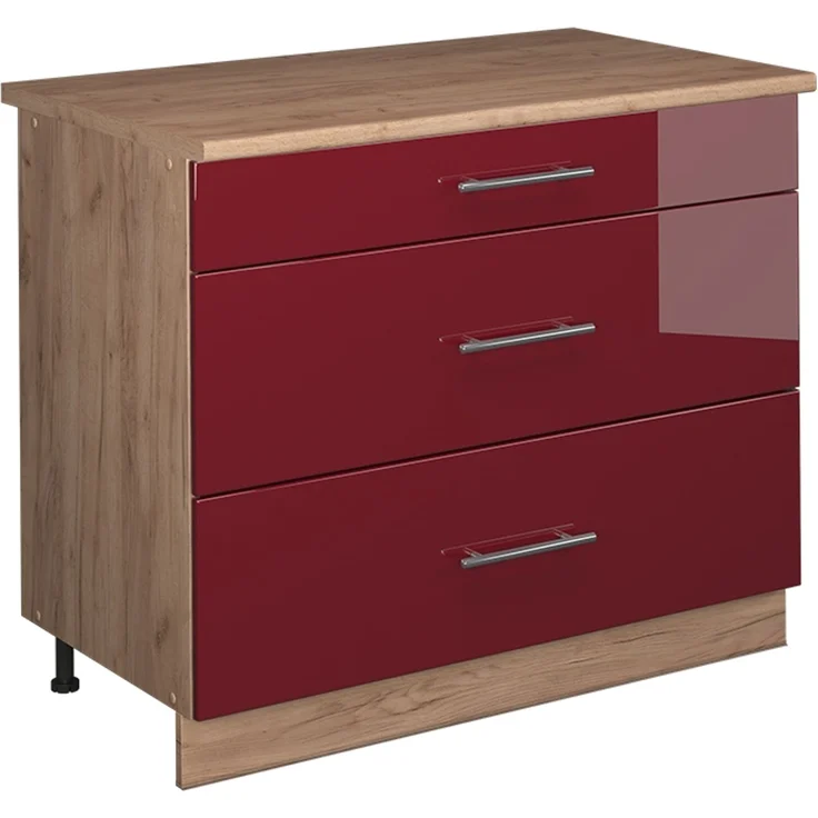 Küchenunterschrank Fame-Line Bordeaux Hochglanz/Goldkraft Eiche 100 cm, AP Eiche Vicco – Bild 1