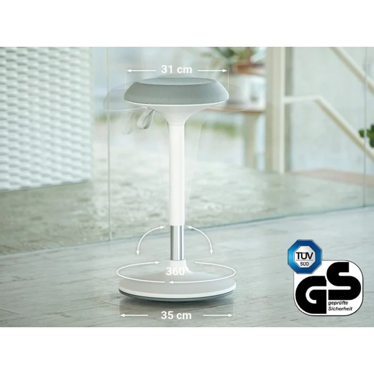 Ergotopia 'Dykó I' Sitz-Stehhocker mit Schwingeffekt, 360° drehbar, höhenverstellbar 57–83 cm, Grau / Weiß – Bild 2