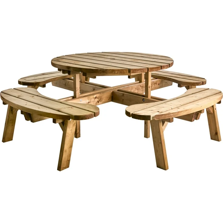 Picknicktisch Hasslebro aus Kiefernholz, skandinavischer Stil, rund, natur, für 4–8 Personen, mit Schirmloch