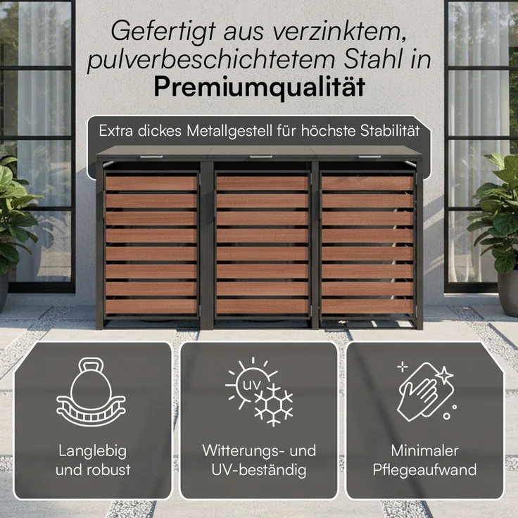 STEELSØN 'Kestra' Mülltonnenbox 3er je 240 Liter, graphitschwarz mit Nußbaum-Holzoptik, Mülltonnenverkleidung aus Stahl, wetterfest, 116x80x203 cm, Müllbox für 3 Tonnen – Bild 5