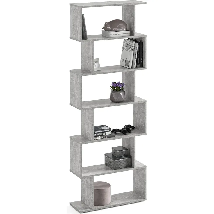 KOMTO Bücherregal Shelf 190 New Raumteiler Regal Standregal Holz und Hoch mit 6 Ebenen, S-Förmiges Modern Hochregal Aktenregal Büroregal 191x70x24 cm