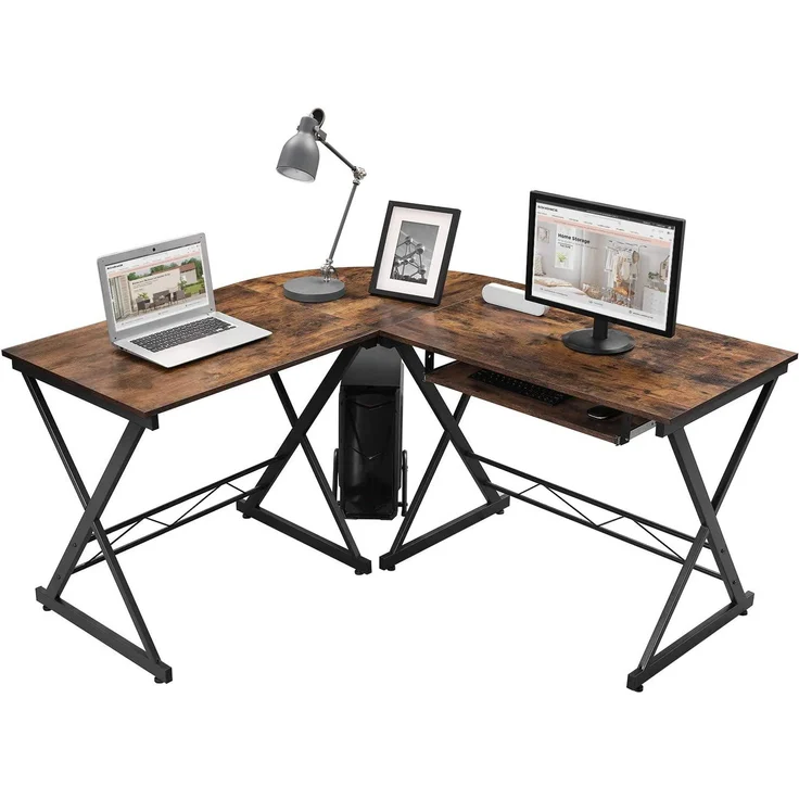 Vasagle Schreibtisch, großer Computertisch, L-förmiger Eckschreibtisch, Bürotisch, PC-Tisch, Homeoffice, Büro, platzsparend, einfache Montage, 150 x 138 x 75 cm, vintagebraun-schwarz LCD402B01 – Bild 9