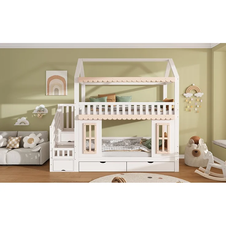 ZUBALIYA Etagenbett, Kinderbett, Hausform, Seitlicher Stauraumschrank mit Leiter, 2 Schubladen, Dekorative Holzfenster und Zierleisten, Kiefer+MDF, Weiß+Natur, 90x200 cm, Natur / Weiß – Bild 12