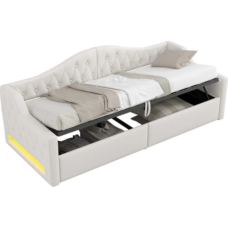 Gepolstertes 90x200 Tagesbett mit LED-Gürtel und Stauraum darunter, Beige – Bild 1