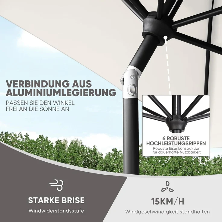 Sekey Sonnenschirm mit Kurbel und UV50+, knickbar, Aluminium creme, 200 × 300 cm – Bild 5