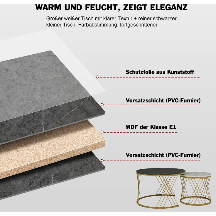 Nesting Couchtisch Set marmoroptik, 2-teilig, 70/45x70/45 cm, grau+gold – Bild 6