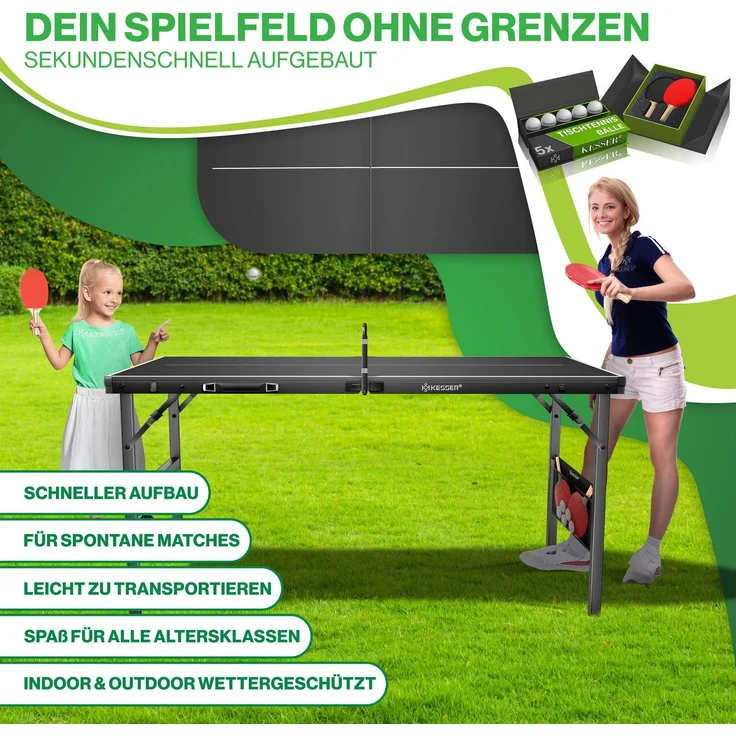 KESSER® Tischtennisplatte Mini mit Tischtennisschläger-Set, Tischtennisbällen und TT-Netz | Indoor | Unterwegs, laminierte Platte + klappbar – Kofferdesign, Kinder und Erwachsene – 153 x 76,5 cm Schwarz / Schwarz – Bild 5