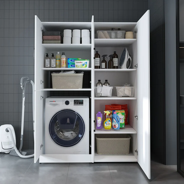 Roomart Waschmaschinenschrank- DORA-II- 130 cm breit – Waschmaschinen- & Trockner-Überbau mit Türen, Bad & Waschküche • Weiß – Bild 6