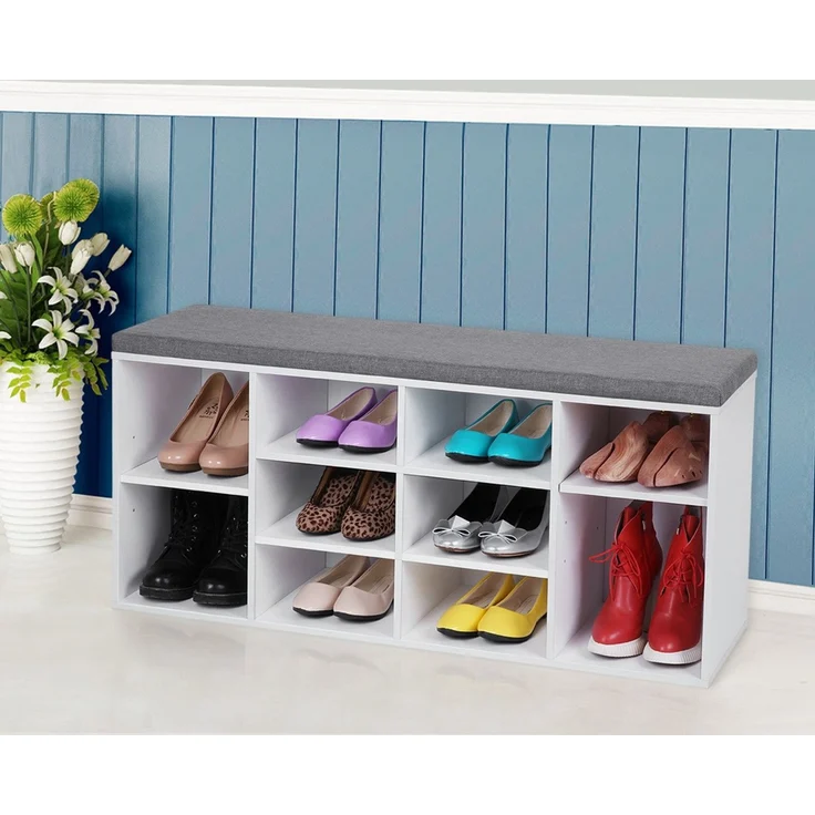 Vasagle Schuhbank mit 10 Fächern, Spanplatte weiß / Leinenimitat grau, 48 x 30 x 104 cm – Bild 3