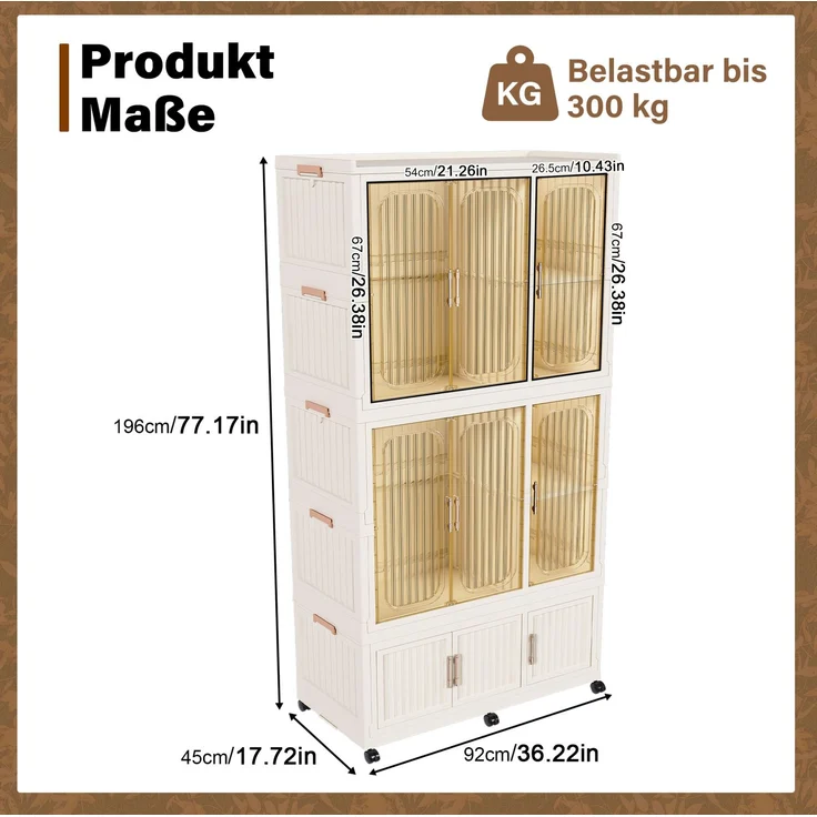 Kleiderschrank aus PP-Kunststoff mit 9 Magnettüren, 6 Rollen und 2 Kleiderstangen, 92x45x196 cm, Cremeweiß – Bild 4