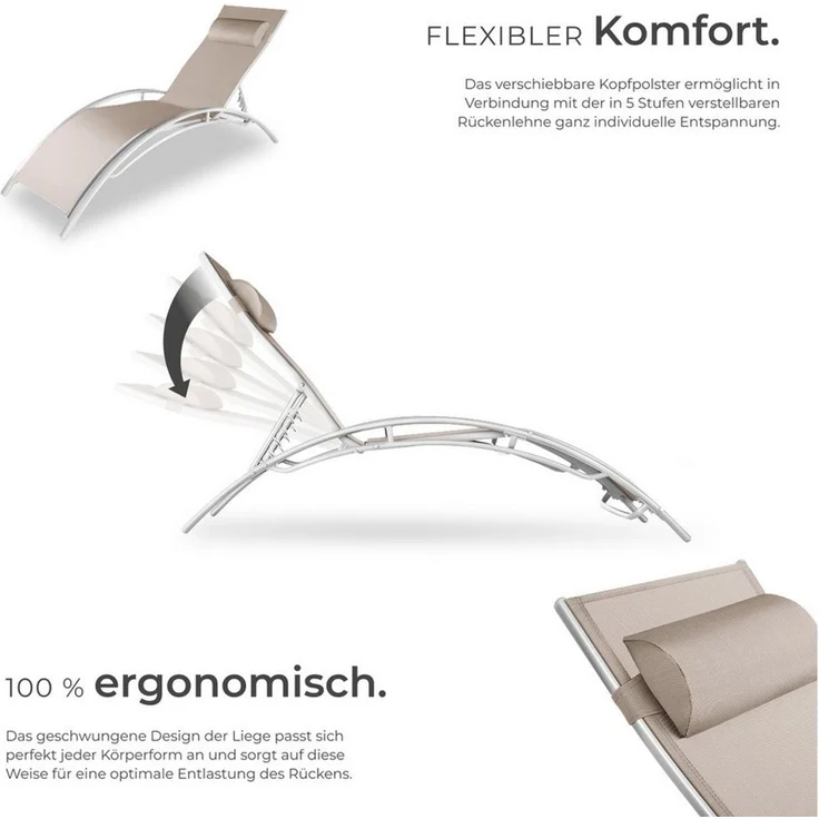 tectake Gartenliege Aluminium Sonnenliege, wetterfest und UV-beständig, 180 x 59 x 50 cm, Balkonliege Alina, 2 St, für Außen in Beige, Textilene-Gewebe, verstellbare Rückenlehne, abnehmbares Kopfpolster – Bild 2