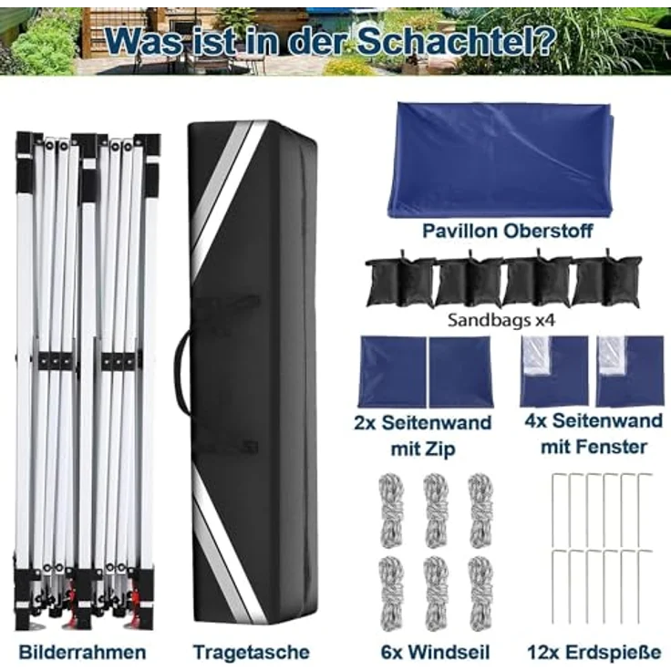 COBIZI Faltpavillon 3X6, Pavillon 3x6 m Wasserdicht Stabil Winterfest, Faltbar Partyzelt mit 6 Seitenwänden & 4 Sandsack Pop up Gartenpavillon Anti-UV für Hochzeiten, Freien, Marineblau – Bild 6