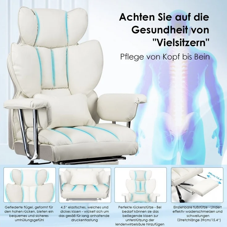 BIGZZIA Bürostuhl Großer Chefbürostuhl aus PU-Leder mit Hoher Rückenlehne, mit Fußstütze - Ergonomischer Computerstuhl mit Lordosenstützkissen – Bild 3
