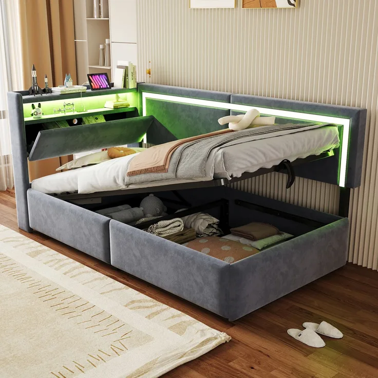 EINHOM Polsterbett Schlafsofa 90 x 200 cm, Samt, mit LED-Beleuchtung und USB-Ladeanschlüssen, Kopfteil Lässt Sich zum Verstauen Öffnen, Hydraulisches Stauraumsystem unter dem Bett, Grau, (Ohne Matratze)