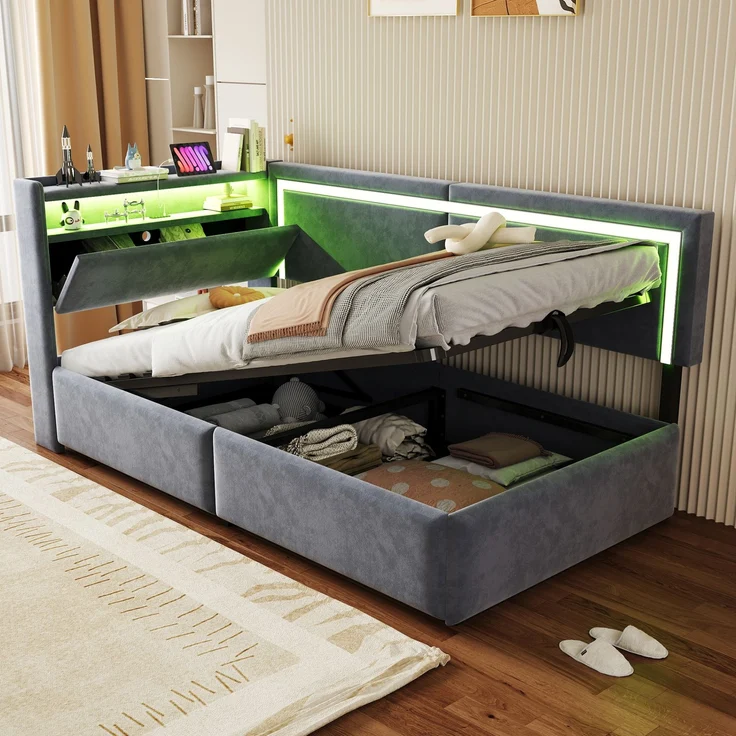 EINHOM Polsterbett Schlafsofa 90 x 200 cm, Samt, mit LED-Beleuchtung und USB-Ladeanschlüssen, Kopfteil Lässt Sich zum Verstauen Öffnen, Hydraulisches Stauraumsystem unter dem Bett, Grau, (Ohne Matratze) – Bild 1