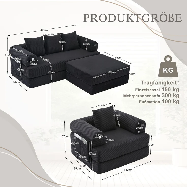 ZUBALIYA Ecksofa 94x67 cm, mit Ablageflächen, mit Cordbezug, mit breiten Armlehnen, modular aufgebaut, mit Schaumstoffpolsterung – Bild 2