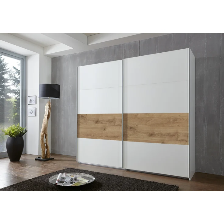 Schwebetürenschrank >Bert< 2 Böden, 2 Stangen, Weiß / Plankeneiche Dekor - 225x208x65cm (BxHxT) – Bild 2