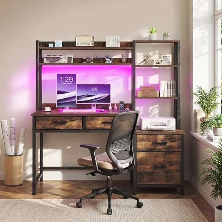 YITAHOME Computer Schreibtisch mit Schubladen, Home Office Ecke Computer Tisch Aufbewahrungen & Regale, Gaming Schreibtisch Arbeitsstationen mit LED Licht & Steckdosen, Eck Schreibtisch, Vintage-Braun – Bild 6