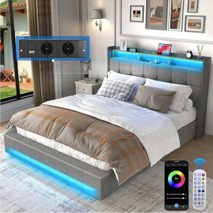 oyajia Polsterbett Doppelbett mit LED Licht 140x200 cm,Hydraulisch anhebbarer Stauraumbett (Mit Lattenrost und Ladefunktion, Leinenmaterial Polsterbettt), Modernes Jugendbett, Leises Design Bett, Max. Belastbarkeit 350 kg