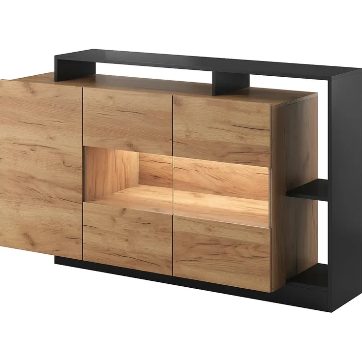 Vente-unique 'IDESIA' Sideboard mit 3 Türen, 3 Ablagen & LED-Beleuchtung, Holzspanplatte anthrazit / naturfarben, 155 x 44 x 93,5 cm – Bild 3