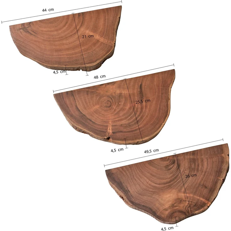 FINEBUY Wandregal FB98594, mit Baumkante Akazie Vollholz, 3er Set hängend, Hängeregal Baumscheibe, Schweberegal Baumstamm – Bild 3