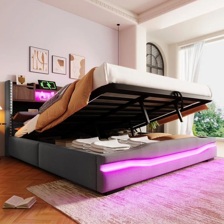 Polsterbett mit LED-Beleuchtung und Stauraum, 180x200 cm, USB/Type-C Anschlüsse, gepolsterter Kopfteil, Doppelbett, Stauraumbett, Leinen – Bild 3