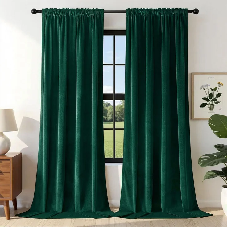 Joydeco Dunkelgrüne Samtvorhänge, 243,8 cm Länge, 2 Paneele, Burg-Set, luxuriöse Stangentasche, wärmeisolierter Fenster-Verdunkelungsvorhang, Raumverdunkelungsvorhänge für Wohnzimmer, Esszimmer