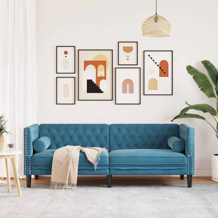 vidaXL Chesterfield-Sofa mit Nackenrollen 3-Sitzer Blau Samt 372701 – Bild 2