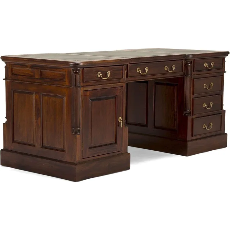 Schreibtisch Cambridge Massivholz 180x80 cm Kolonialstil Partnerdesk mit Ledereinlage Bürotisch Cheftisch Computertisch Empfangstisch grün
